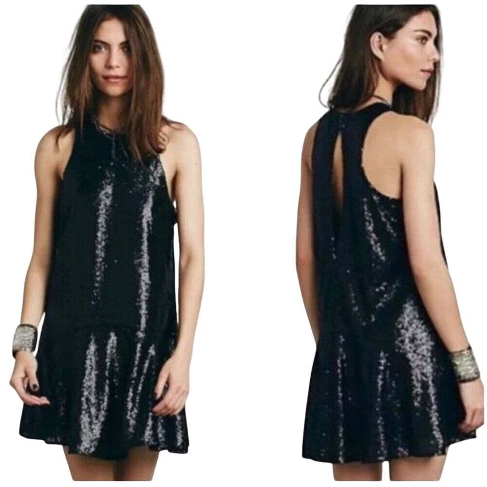 Free People Liquid Shine Black Sequined Mini Dress Goth Dark Feminine Sexy S